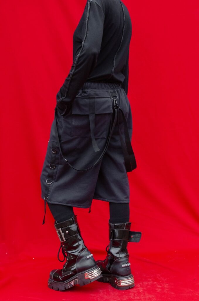 BLORN asymmetric cargo bermuda short unisex genderless zero waste pattern gothic cyberpunk design back by YNHOIA