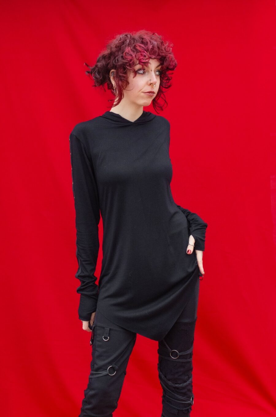 CROIKA black long sleeve hooded fitted top ninja cyberpunk gothic style