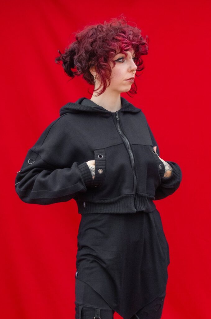 ORBON gothic cyberpunk cropped black hoodie detail made by YNHOIA