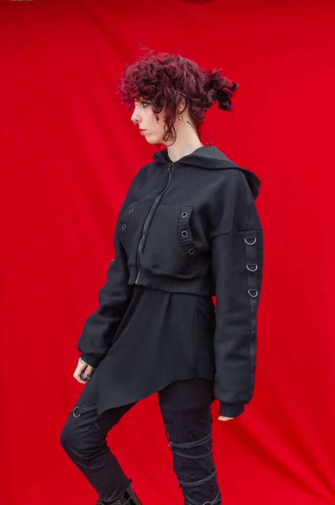 ORBON cyberpunk cropped black hoodie detail made by YNHOIA