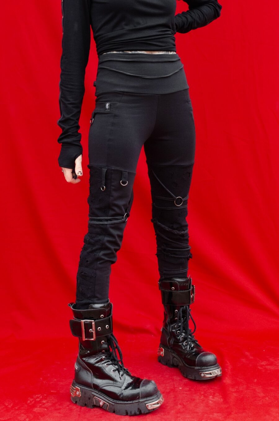 TRAPE gothic and cyberpunk distressed techwear leggings made by YNHOIA