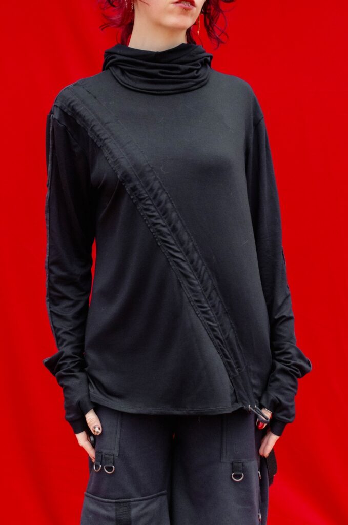 black unisex TERKRO longsleeve zero waste detachable hood techwear cyberpunk made by hand by YNHOIA